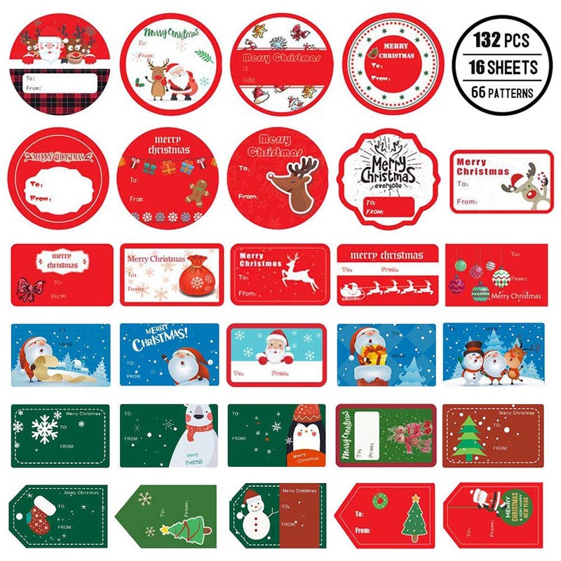 Phirosa 132 PCS Christmas Tags Stickers Self Adhesive Santa Snowmen Xmas Tree Deer Christmas Festival Birthday Wedding Holiday Decorative Presents Labels - Image 1